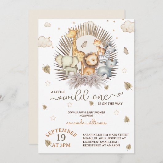 Oerwoud Safari Animal Baby shower Kaart (Voorkant / Achterkant)