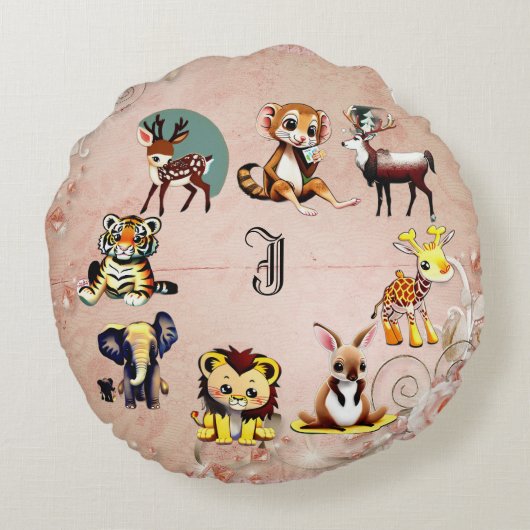 Oerwoud Safari Animal Kingdom Woodland Monogram Ki Rond Kussen (Achterkant)