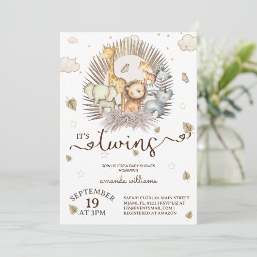 Oerwoud Safari Animal Twins Baby shower Kaart (Staand voorkant)