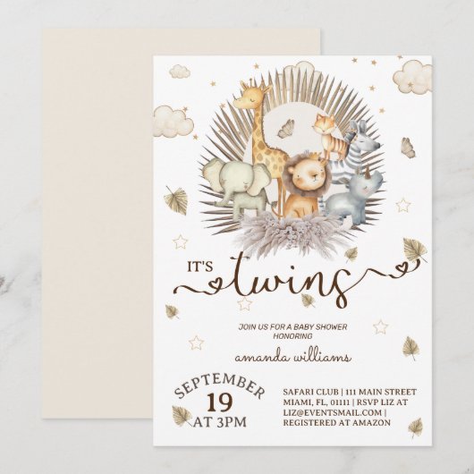 Oerwoud Safari Animal Twins Baby shower Kaart (Voorkant / Achterkant)