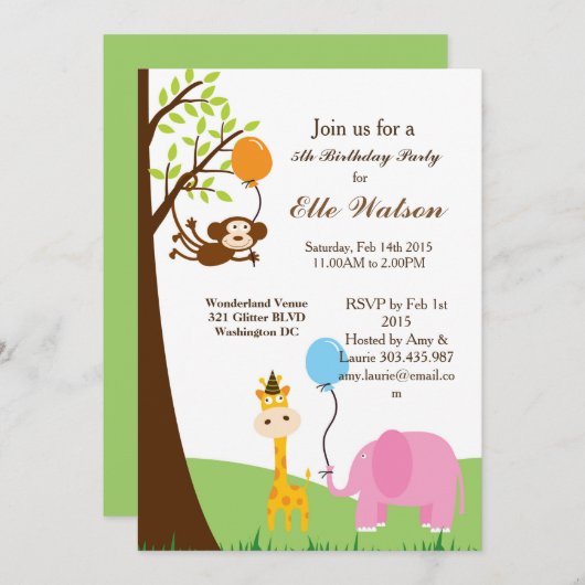 Oerwoud Safari Animal Verjaardagsfeestje Uitnodigi Kaart (Voorkant / Achterkant)