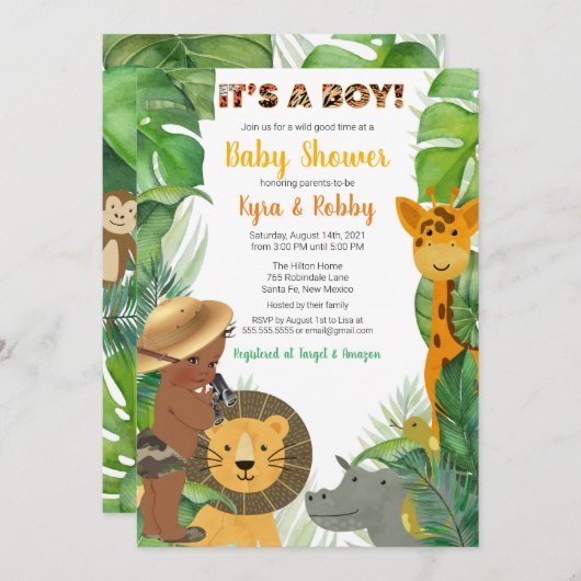 Oerwoud Safari Animals Baby Boy Shower  Kaart (Voorkant / Achterkant)