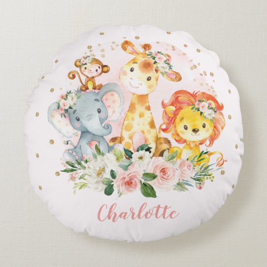  Oerwoud Safari Animals Baby Girl Nursery Rond Kussen (Voorkant)