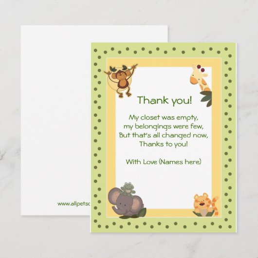Oerwoud Safari Animals Baby shower Dank u wel. Bedankkaart (Voorkant / Achterkant)