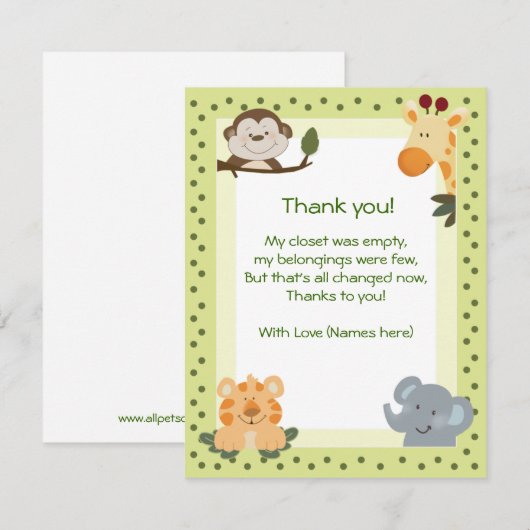 Oerwoud Safari Animals Baby shower Dank u wel. Bedankkaart (Voorkant / Achterkant)