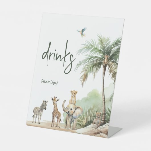 Oerwoud Safari Animals Baby shower Drinken Reclamebord Met Voetstuk (Voorkant)