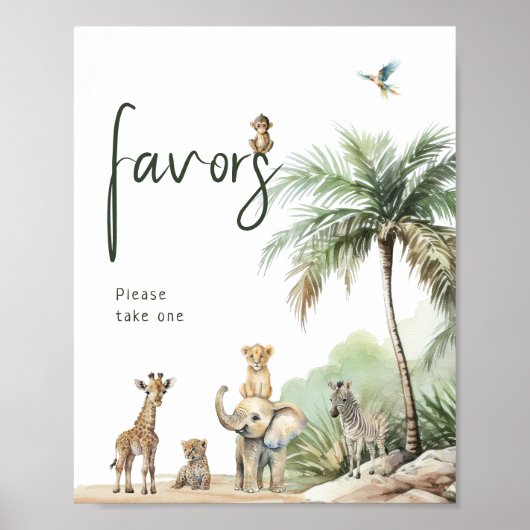 Oerwoud Safari Animals Baby shower Favors Sign Poster (Voorkant)
