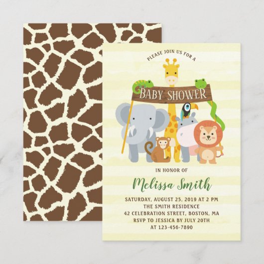 Oerwoud Safari Animals Baby shower Invitation Kaart (Voorkant / Achterkant)