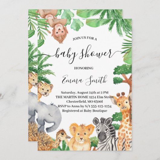 Oerwoud Safari Animals Baby shower Invitation Kaart (Voorkant / Achterkant)
