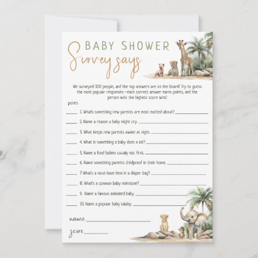 Oerwoud Safari Animals Baby shower Survey zegt Kaa Kaart (Voorkant)