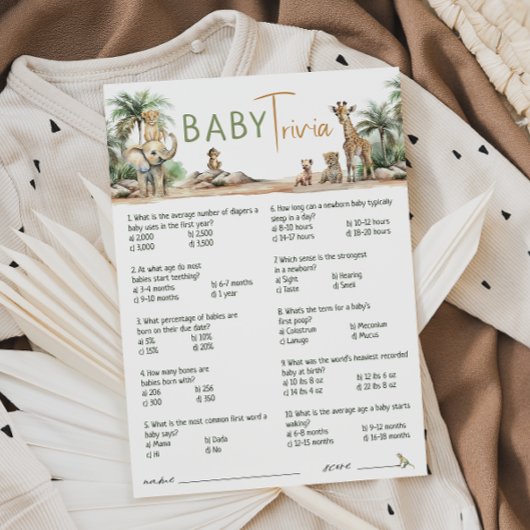 Oerwoud Safari Animals Baby shower Trivia Kaart