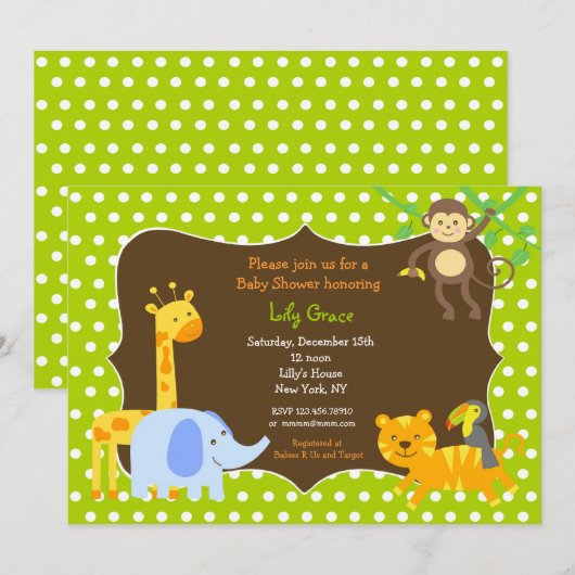 Oerwoud Safari Animals Baby Shower-uitnodigingen Kaart (Voorkant / Achterkant)