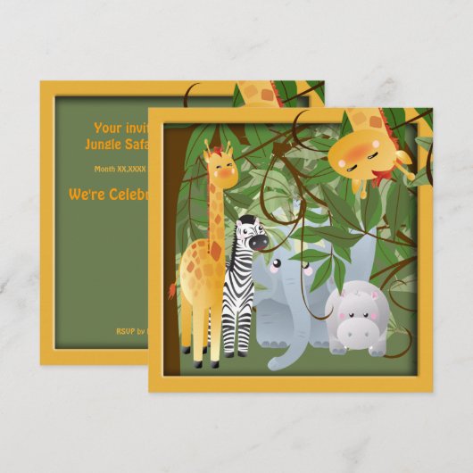 Oerwoud Safari Animals Birthday Party Invite Kaart (Voorkant / Achterkant)