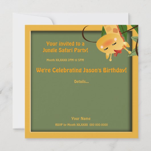 Oerwoud Safari Animals Birthday Party Invite Kaart (Achterkant)
