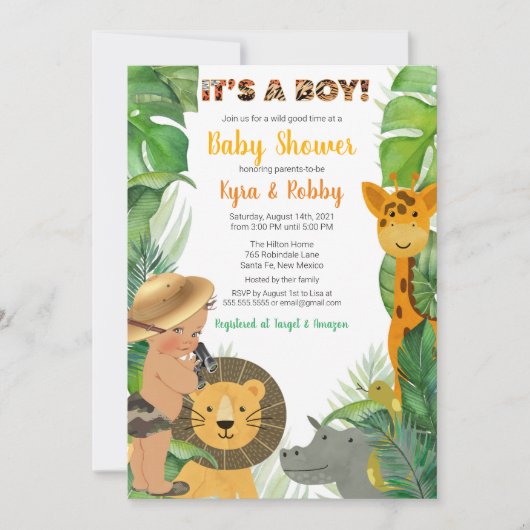 Oerwoud Safari Animals Boy Baby shower Invitation Kaart (Voorkant)