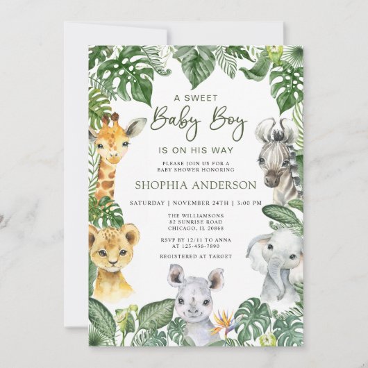 Oerwoud Safari Animals Boy Baby shower Invitation Kaart (Voorkant)