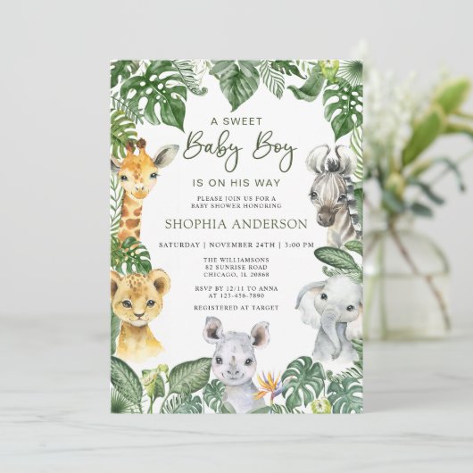 Oerwoud Safari Animals Boy Baby shower Invitation Kaart (Staand voorkant)