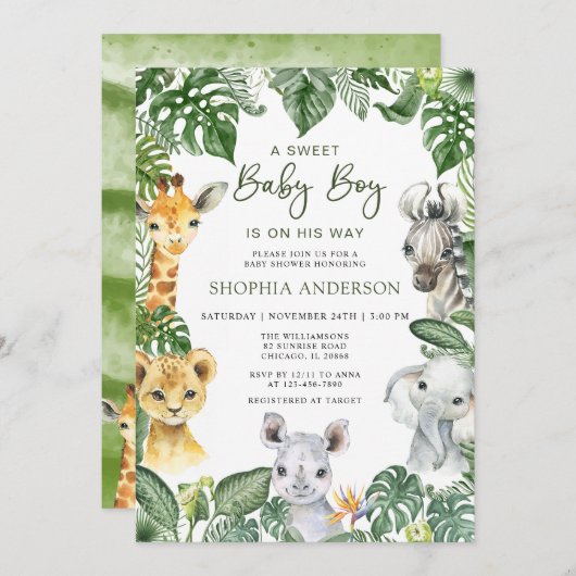 Oerwoud Safari Animals Boy Baby shower Invitation Kaart (Voorkant / Achterkant)