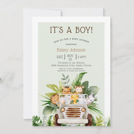 Oerwoud Safari Animals Boy Baby shower Kaart (Voorkant)