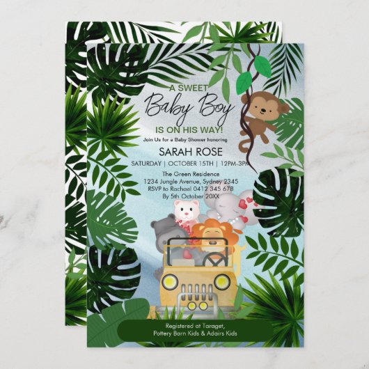 Oerwoud Safari Animals Boy Baby shower uitnodiging (Voorkant / Achterkant)