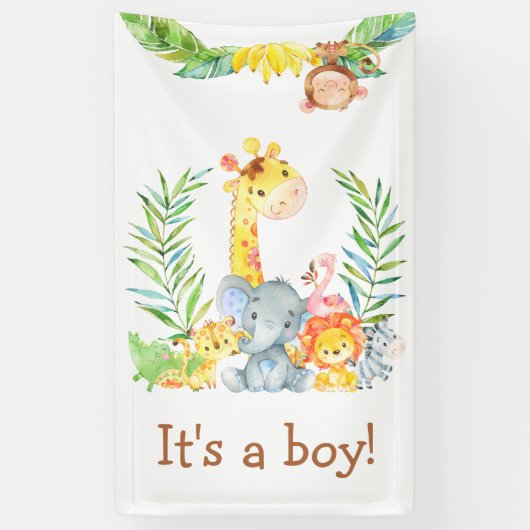 Oerwoud Safari Animals Cute It's a Boy Baby shower Spandoek (Verticaal)