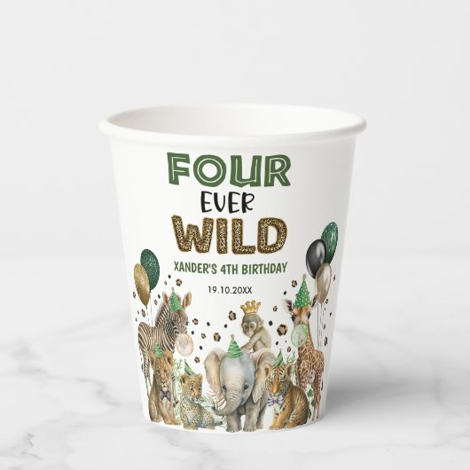 Oerwoud Safari Animals Four Ever Wild 4th Birthday Papieren Bekers (Voorkant)