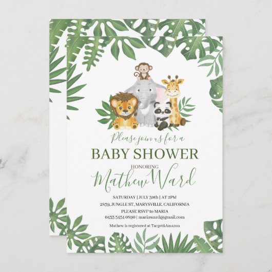 Oerwoud Safari Animals Greenery Boy Baby shower Kaart (Voorkant / Achterkant)