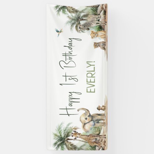 Oerwoud Safari Animals Happy Birthday Welkom Spandoek (Verticaal)