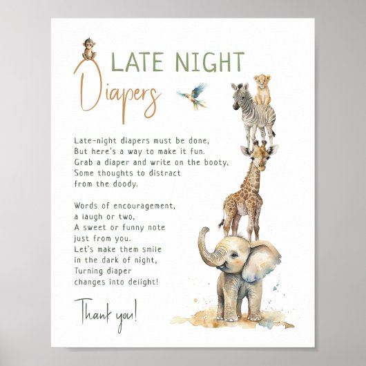 Oerwoud Safari Animals Late Night Luiers Sign Poster (Voorkant)