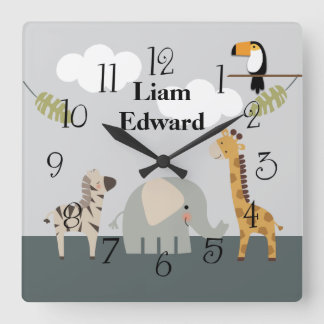 Oerwoud Safari Animals Nursery Wall Clock Vierkante Klok
