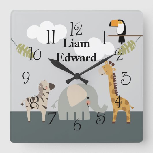 Oerwoud Safari Animals Nursery Wall Clock Vierkante Klok (Voorkant)