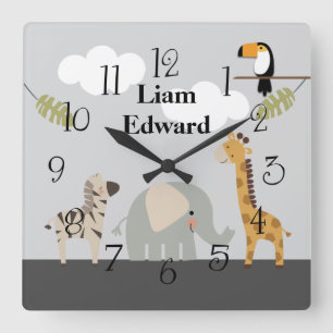 Oerwoud Safari Animals Nursery Wall Clock Vierkante Klok