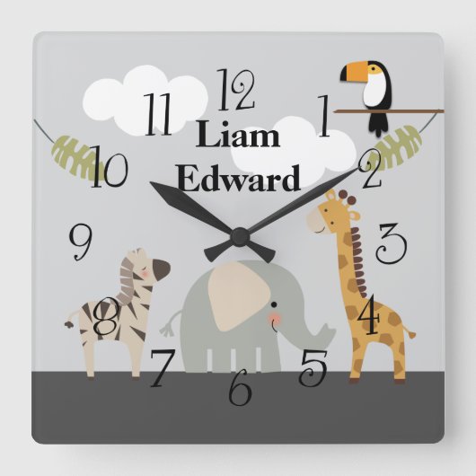 Oerwoud Safari Animals Nursery Wall Clock Vierkante Klok (Voorkant)
