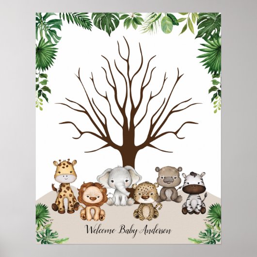 Oerwoud Safari Animals Thumbprint Tree Guestbook Poster (Voorkant)