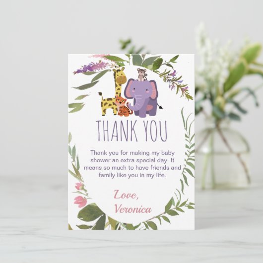 Oerwoud Safari Animals Waterverf Baby shower Bedankkaart (Staand voorkant)