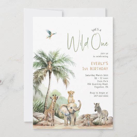 Oerwoud Safari Animals "Wild One" Verjaardagsfeest Kaart (Voorkant)