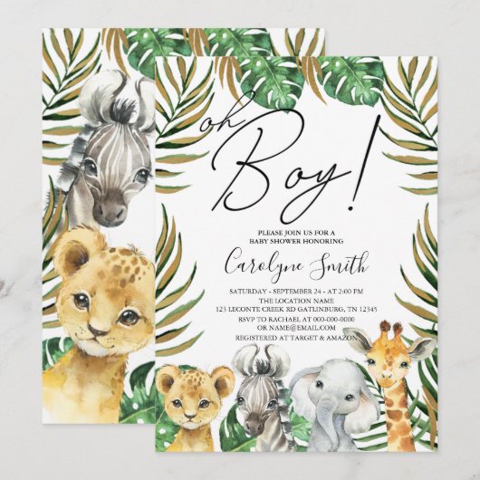 Oerwoud Safari Baby shower Oh Boy Uitnodiging (Voorkant / Achterkant)