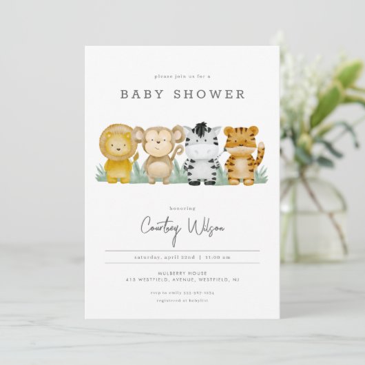 Oerwoud Safari Baby shower Uitnodiging tropisch (Staand voorkant)
