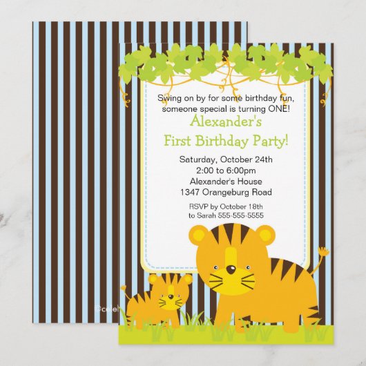 Oerwoud Safari Baby Tiger Birthday Party Invitatio Kaart (Voorkant / Achterkant)