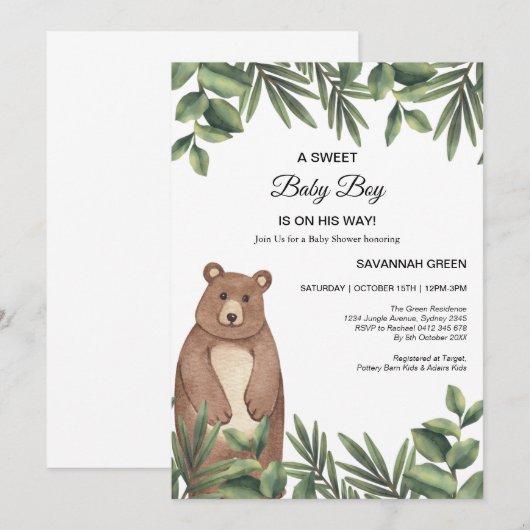Oerwoud Safari Beer Jongen Baby shower Uitnodiging (Voorkant / Achterkant)