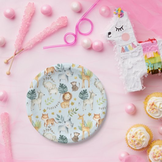 Oerwoud safari blauw naar ddler papieren bordje (Feest)