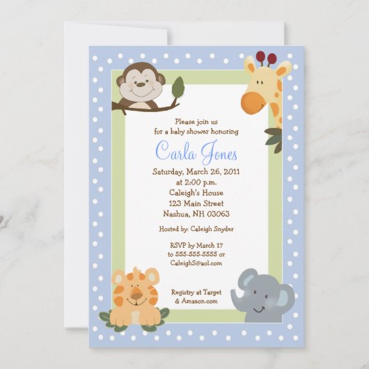 Oerwoud Safari Blue 5x7 Baby Shower Invitations Kaart (Voorkant)