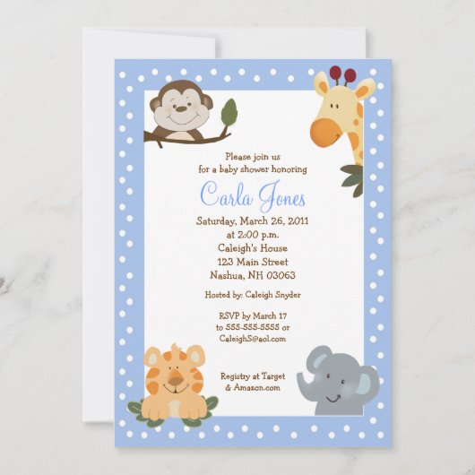 Oerwoud Safari (Blue) 5x7 Baby shower Uitnodiging (Voorkant)