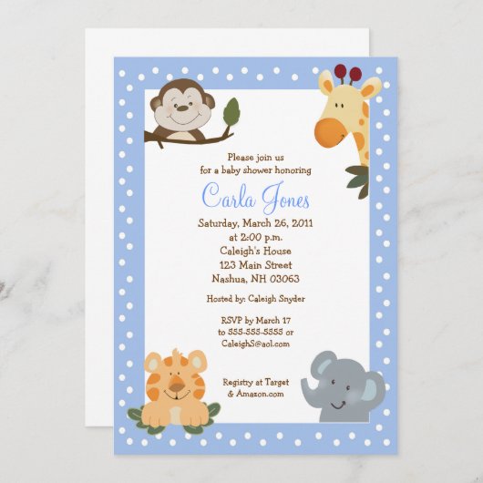 Oerwoud Safari (Blue) 5x7 Baby shower Uitnodiging (Voorkant / Achterkant)