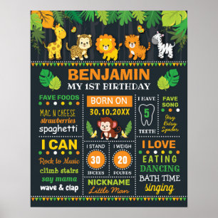 Oerwoud Safari Boy Birth Stats Birthday Milestone Poster