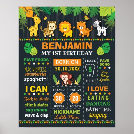 Oerwoud Safari Boy Birth Stats Birthday Milestone Poster (Voorkant)
