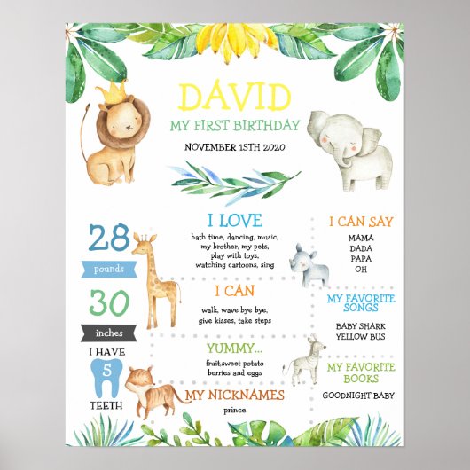 Oerwoud Safari Boy First Birthday Milestone Poster (Voorkant)