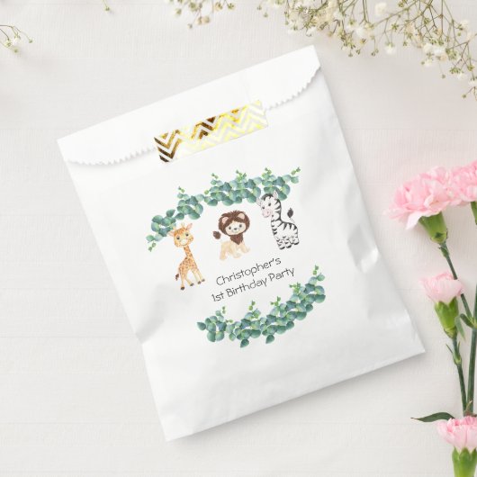 Oerwoud Safari Boys Giraffe Leeuw Zebra 1e Verjaar Bedankzakje (Gezegeld)