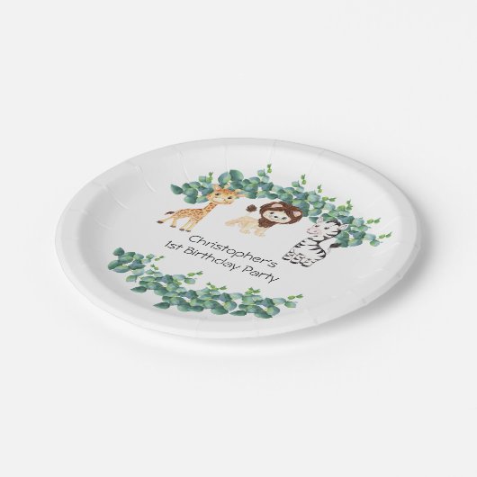 Oerwoud Safari Boys Giraffe Leeuw Zebra 1e Verjaar Papieren Bordje (Gekanteld)