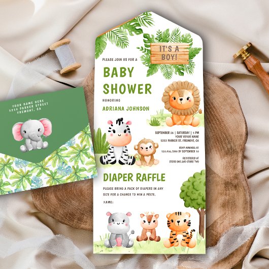Oerwoud Safari Cute Wild Animals Boy Baby shower All In One Uitnodiging